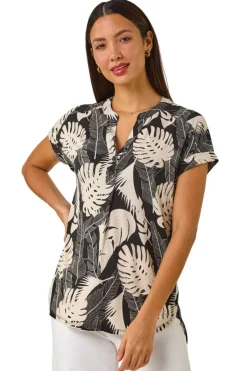 Tops>Roman Stone Textured Leaf Print V-Neck Stretch Top