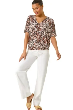 Tops>Roman Tan Abstract Print V-Neck Stretch Top