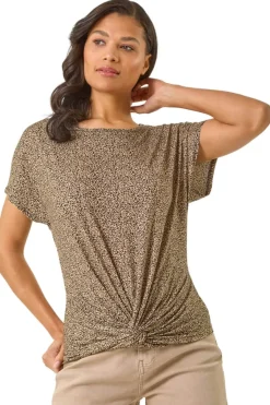T-Shirts>Roman Tan Animal Print Knot Front Stretch Top