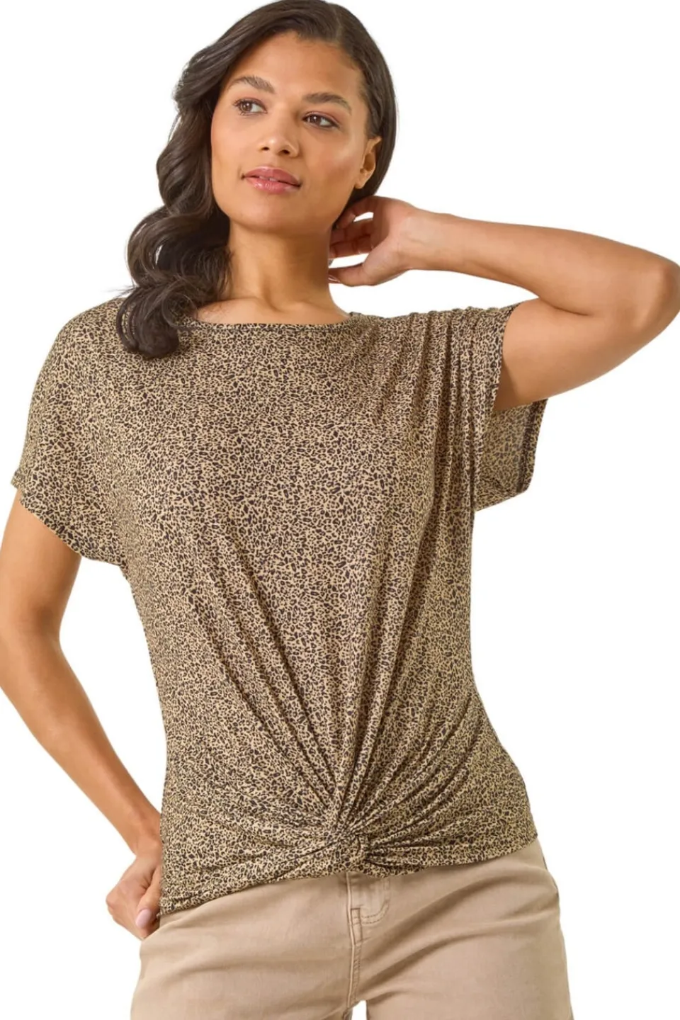 T-Shirts>Roman Tan Animal Print Knot Front Stretch Top