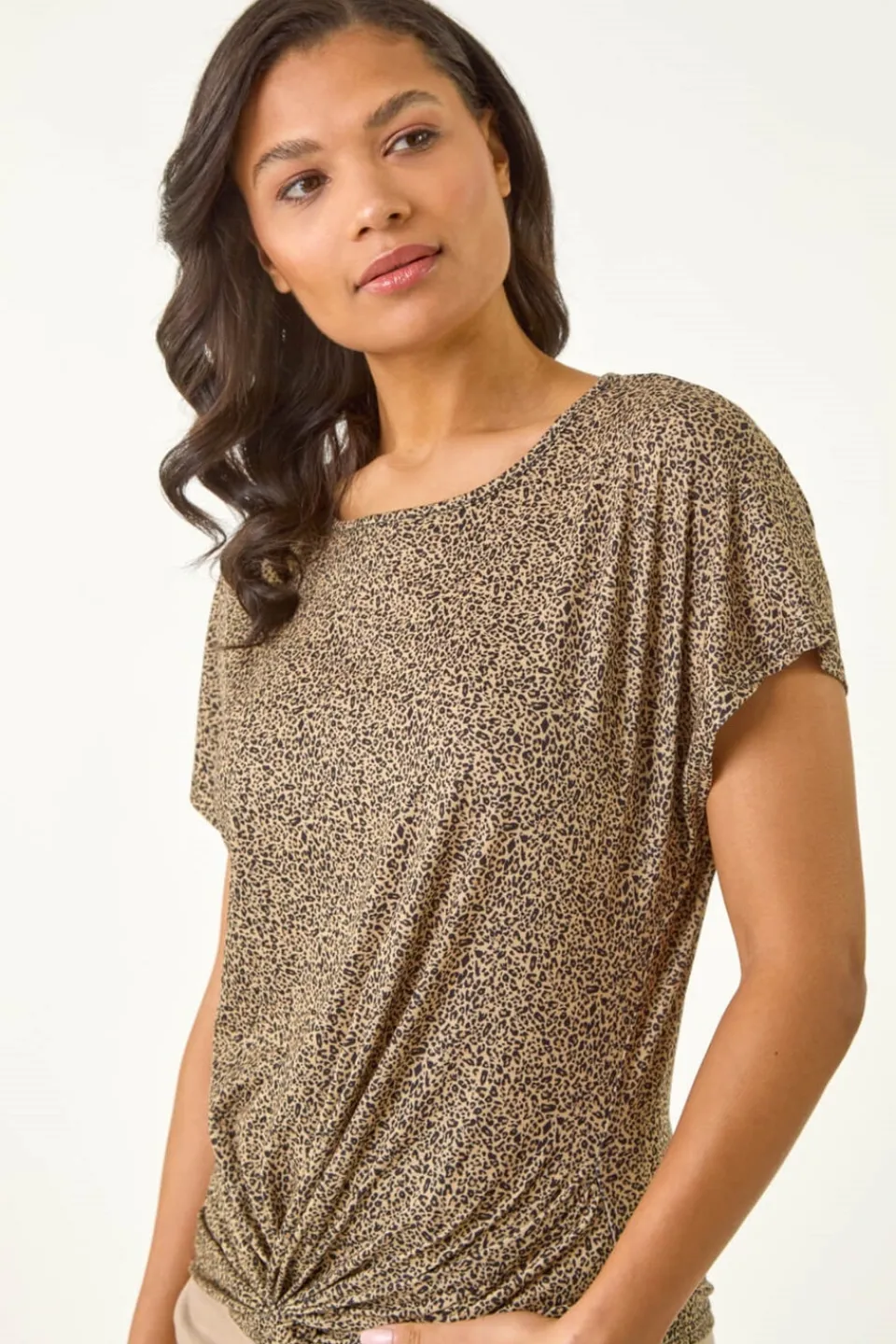 T-Shirts>Roman Tan Animal Print Knot Front Stretch Top