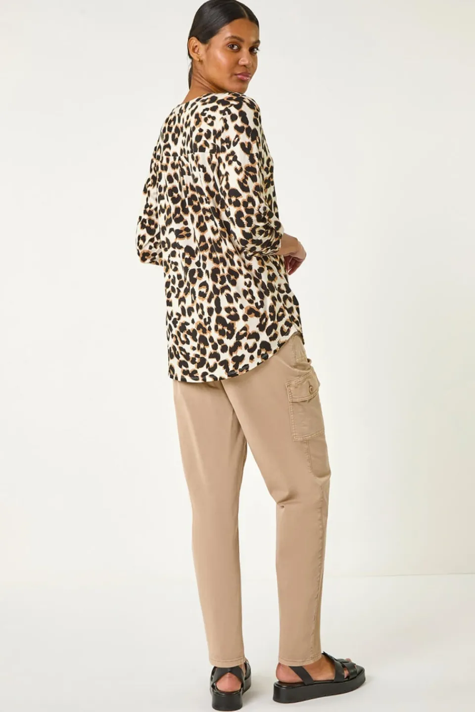 Tops>Roman Tan Animal Print Shoulder Pleat Shirt