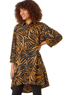 Tops>Roman Tan Animal Print V-Neck Longline Blouse