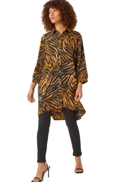 Tops>Roman Tan Animal Print V-Neck Longline Blouse