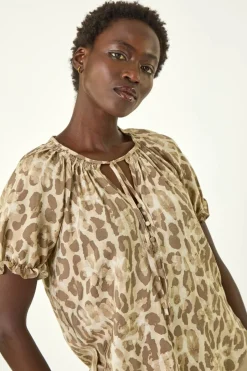 Tops>Roman Taupe Animal Print Tie Neck Top
