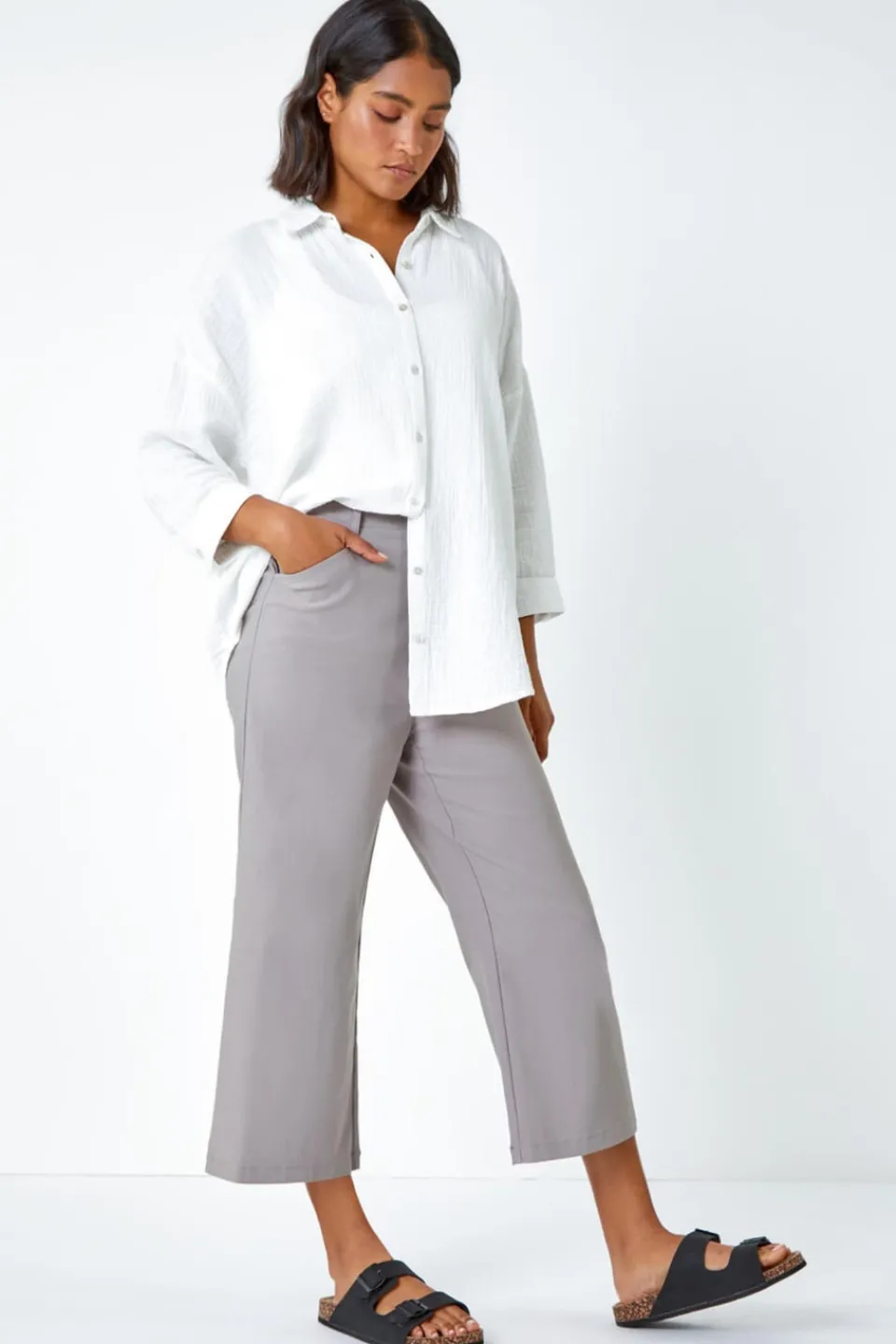 Trousers>Roman Taupe Cropped Stretch Culotte