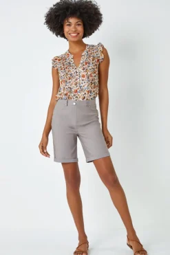 Shorts>Roman Elastic Waist Turn Up Stretch Shorts Taupe