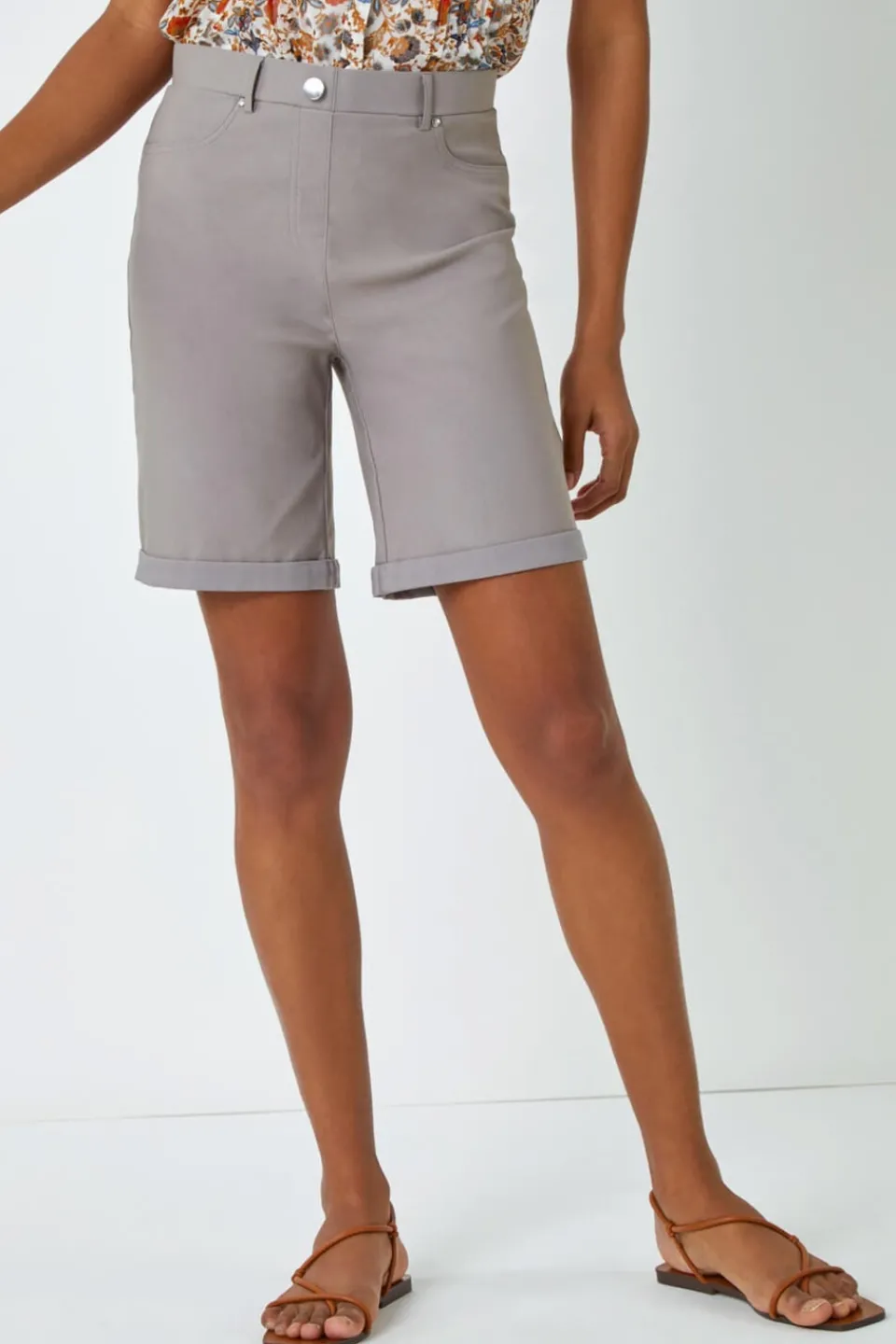 Shorts>Roman Elastic Waist Turn Up Stretch Shorts Taupe