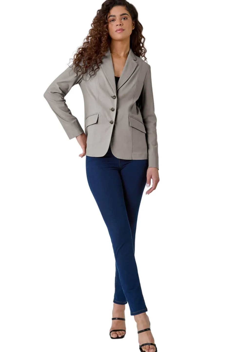 Coats & Jackets>Roman Stretch Button Detail Blazer Taupe