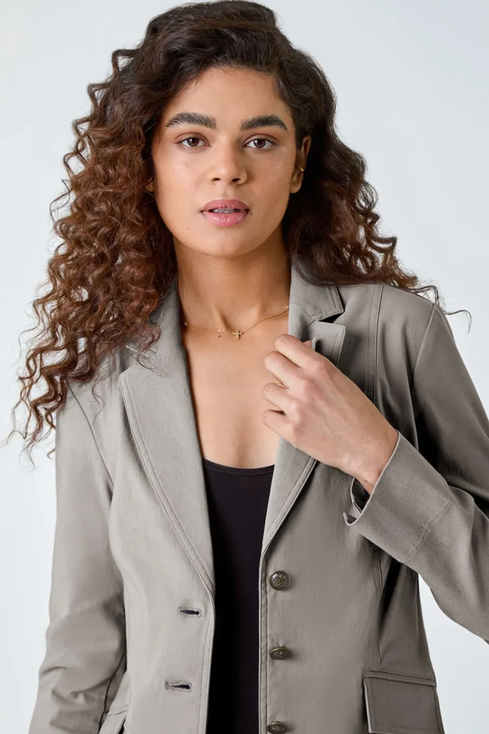 Coats & Jackets>Roman Stretch Button Detail Blazer Taupe