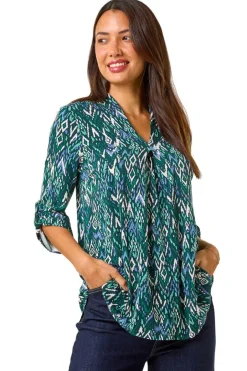 Tops>Roman Teal Abstract Print Front Pleat Stretch Top