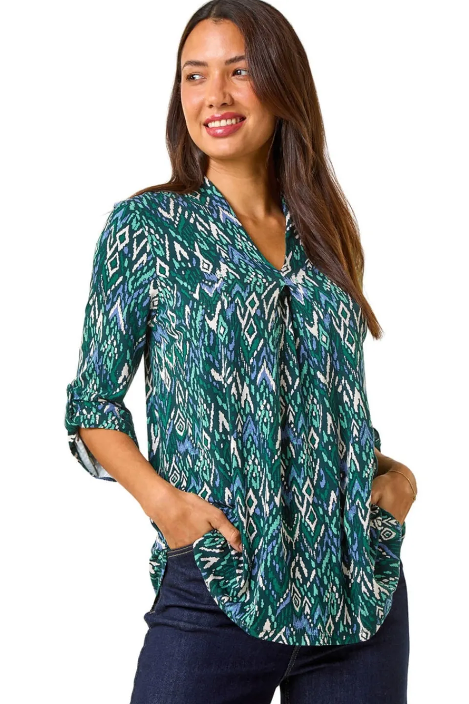 Tops>Roman Teal Abstract Print Front Pleat Stretch Top