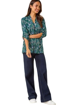 Tops>Roman Teal Abstract Print Front Pleat Stretch Top