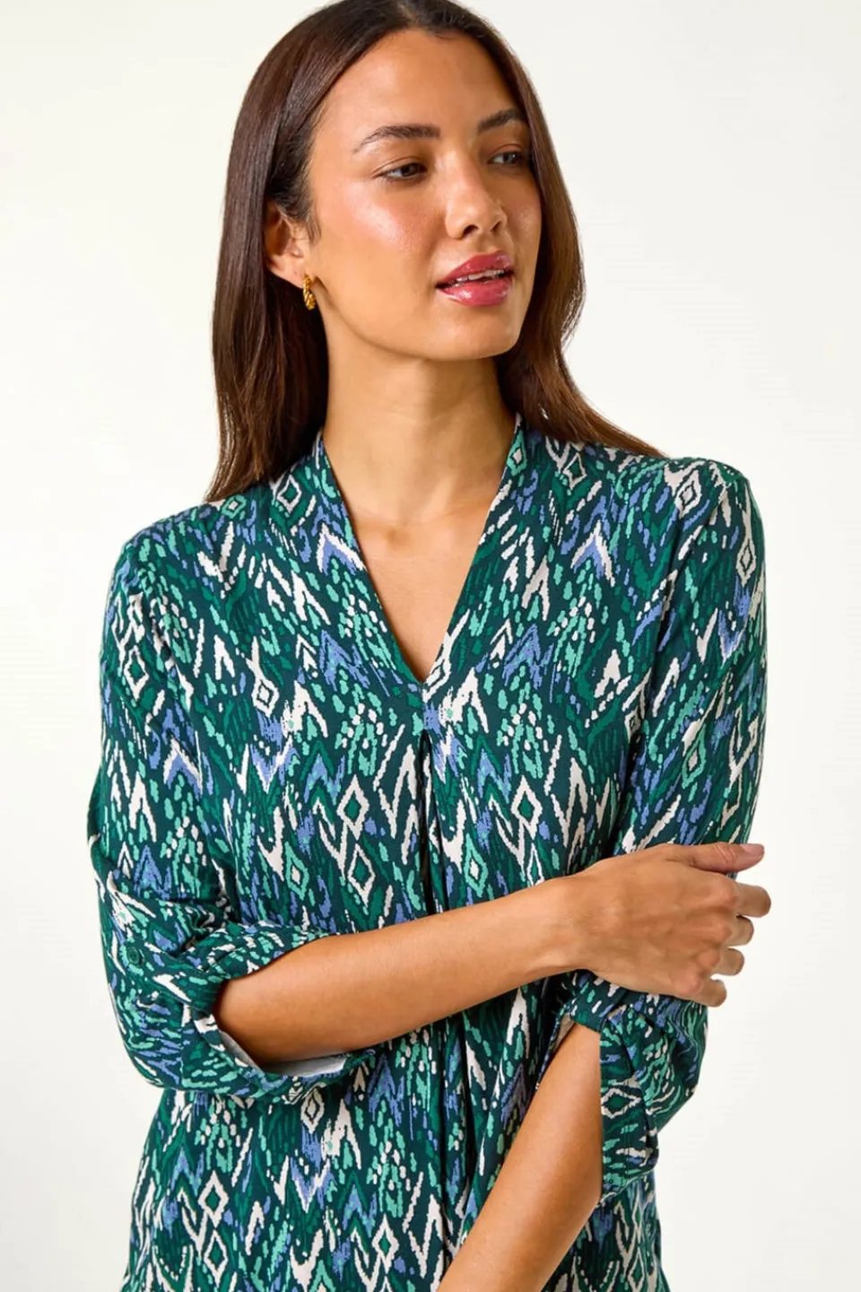 Tops>Roman Teal Abstract Print Front Pleat Stretch Top