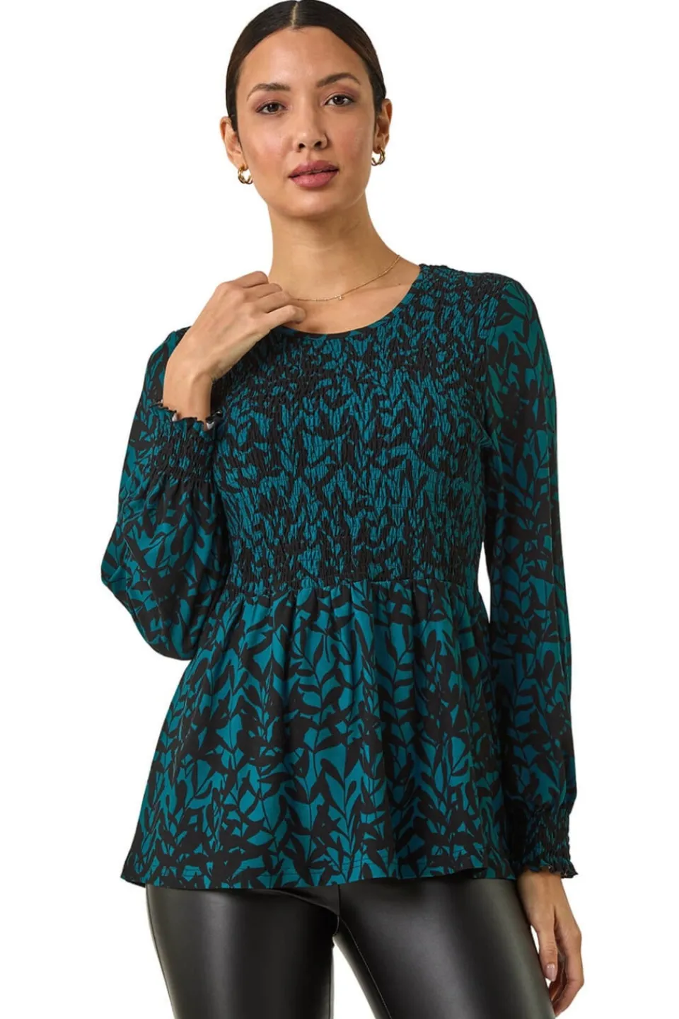 Tops>Roman Teal Abstract Printed Shirred Tunic Top