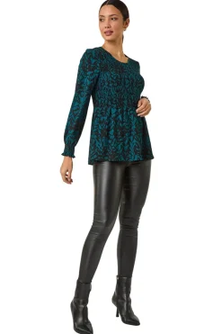 Tops>Roman Teal Abstract Printed Shirred Tunic Top