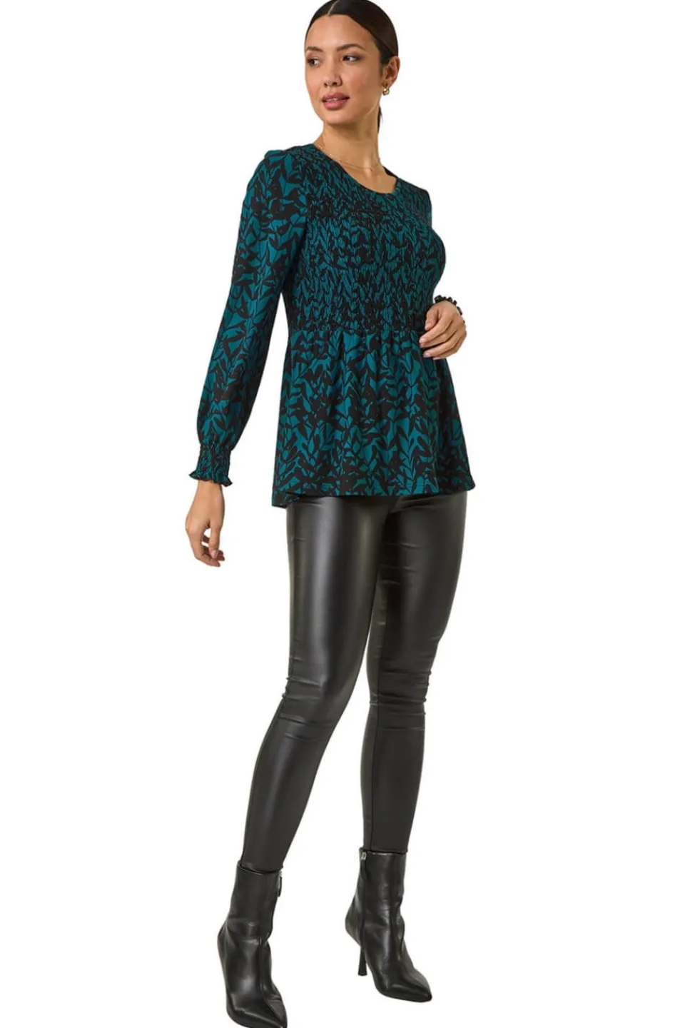 Tops>Roman Teal Abstract Printed Shirred Tunic Top