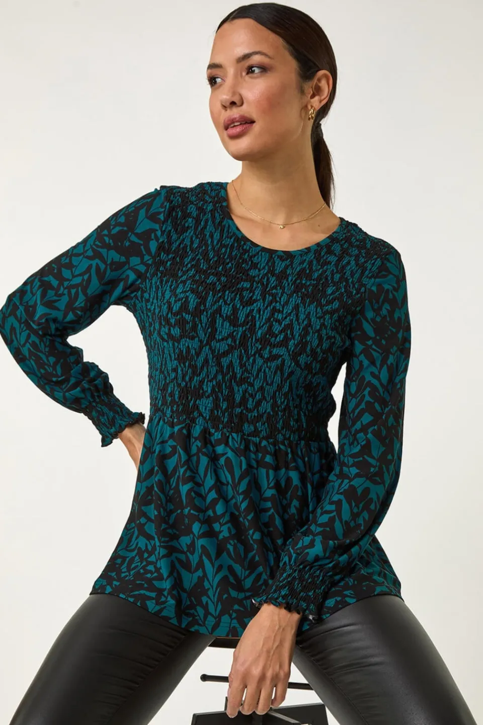 Tops>Roman Teal Abstract Printed Shirred Tunic Top