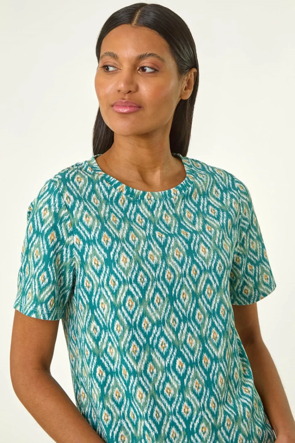 T-Shirts>Roman Teal Ikat Print Stretch T Shirt