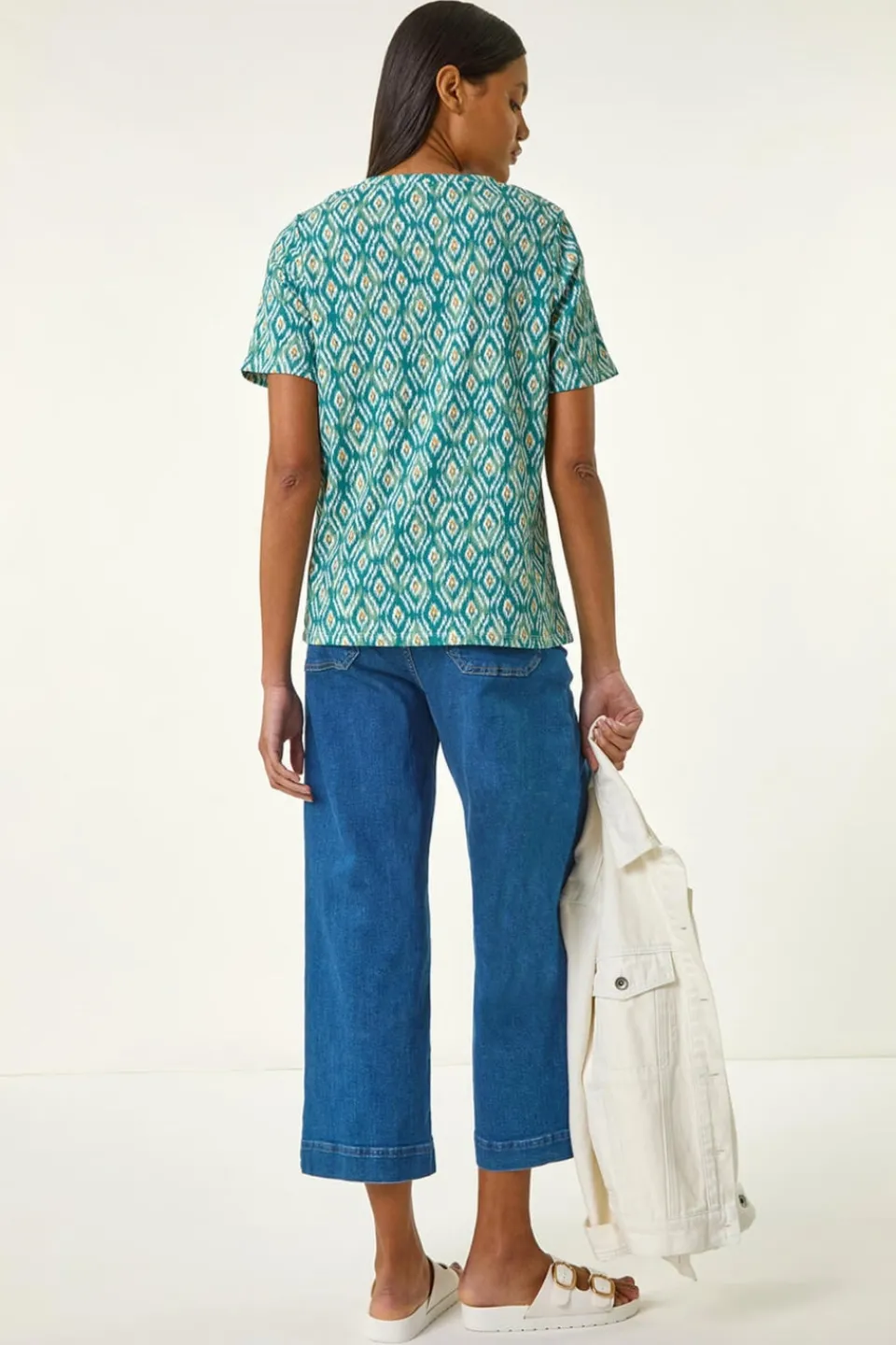 T-Shirts>Roman Teal Ikat Print Stretch T Shirt
