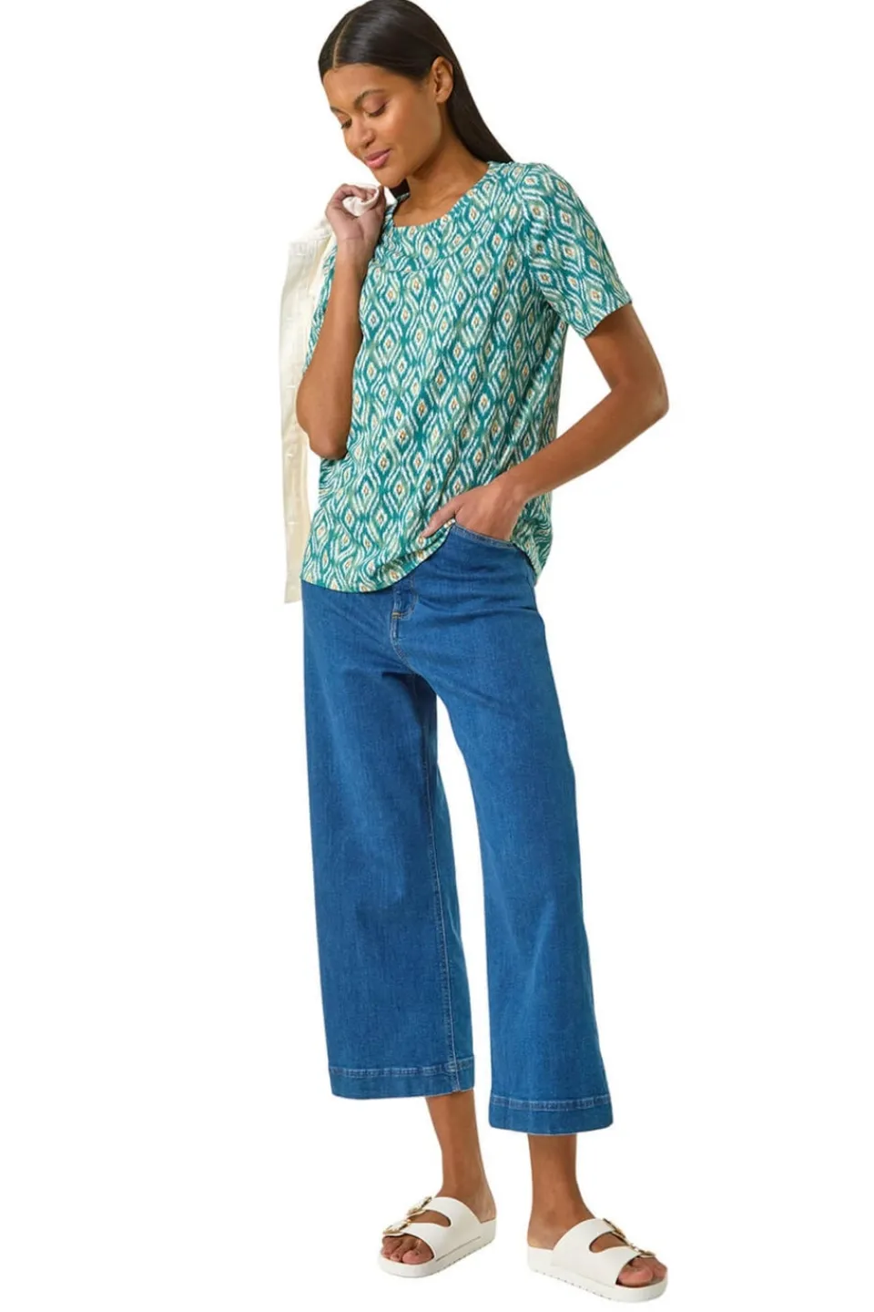 T-Shirts>Roman Teal Ikat Print Stretch T Shirt