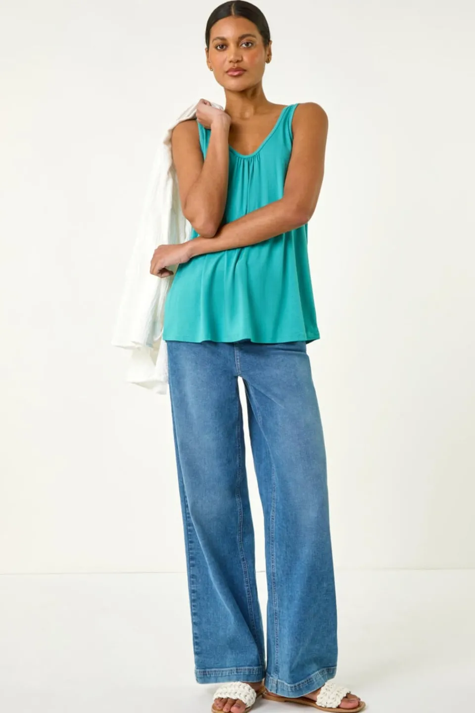 Tops>Roman Plain V Neck Stretch Jersey Vest Top Teal