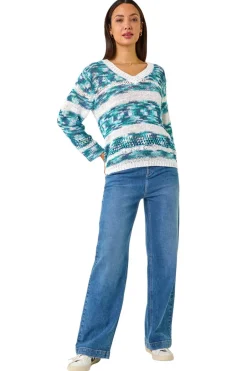 Tops>Roman Teal Spacedye Stripe Knit Jumper