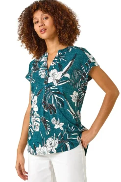 Tops>Roman Teal Textured Floral Print Overshirt