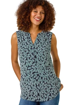 Tops>Roman Teal Textured Leaf Print Stretch Top