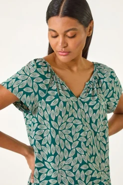 T-Shirts>Roman Teal Textured Leaf Print Stretch Top