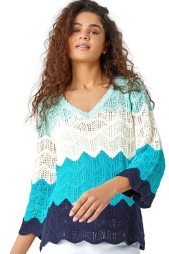 Tops>Roman Turquoise Colour Block Crochet Knit Jumper