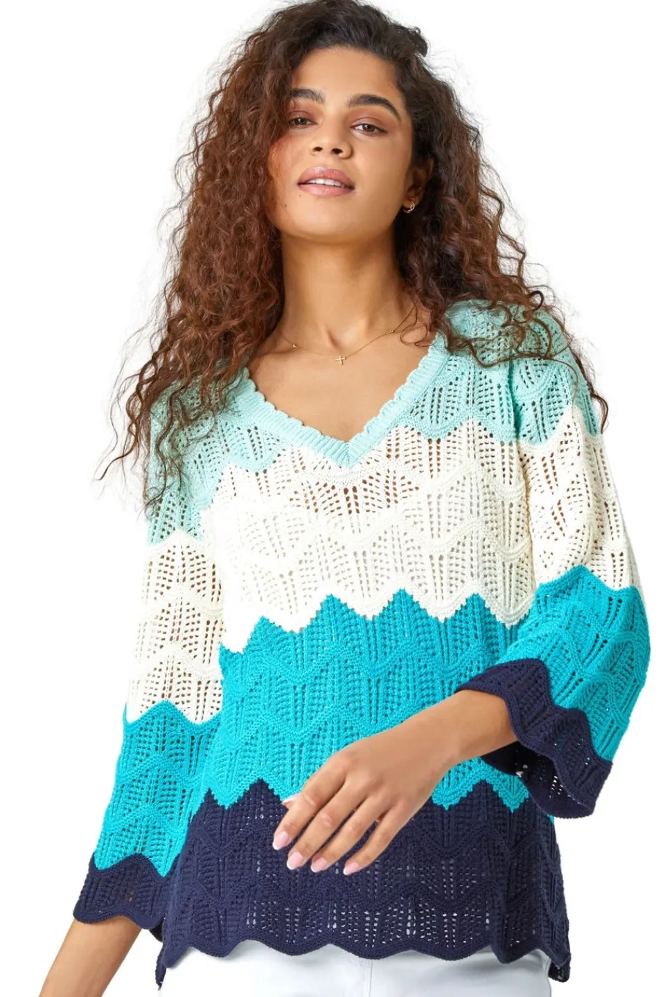 Tops>Roman Turquoise Colour Block Crochet Knit Jumper