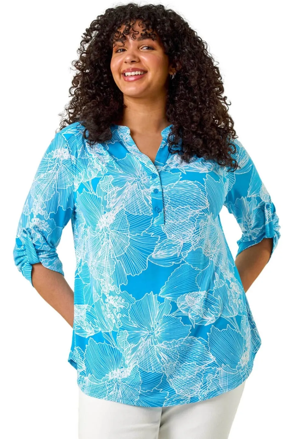 Tops>Roman Turquoise Curve Textured Floral Print V Neck Shirt