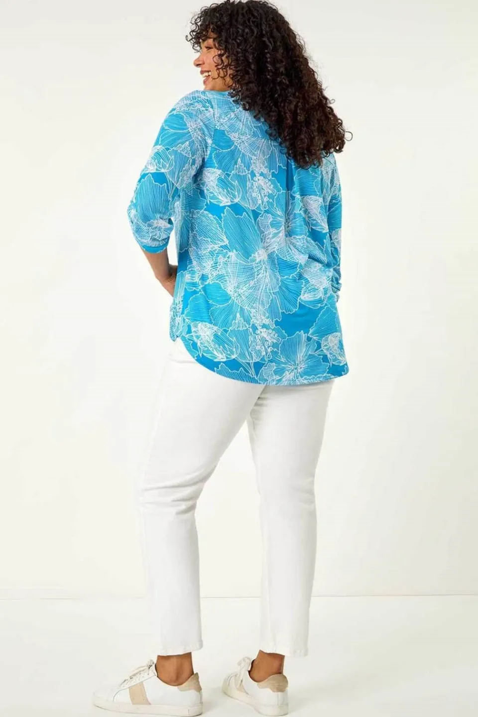 Tops>Roman Turquoise Curve Textured Floral Print V Neck Shirt