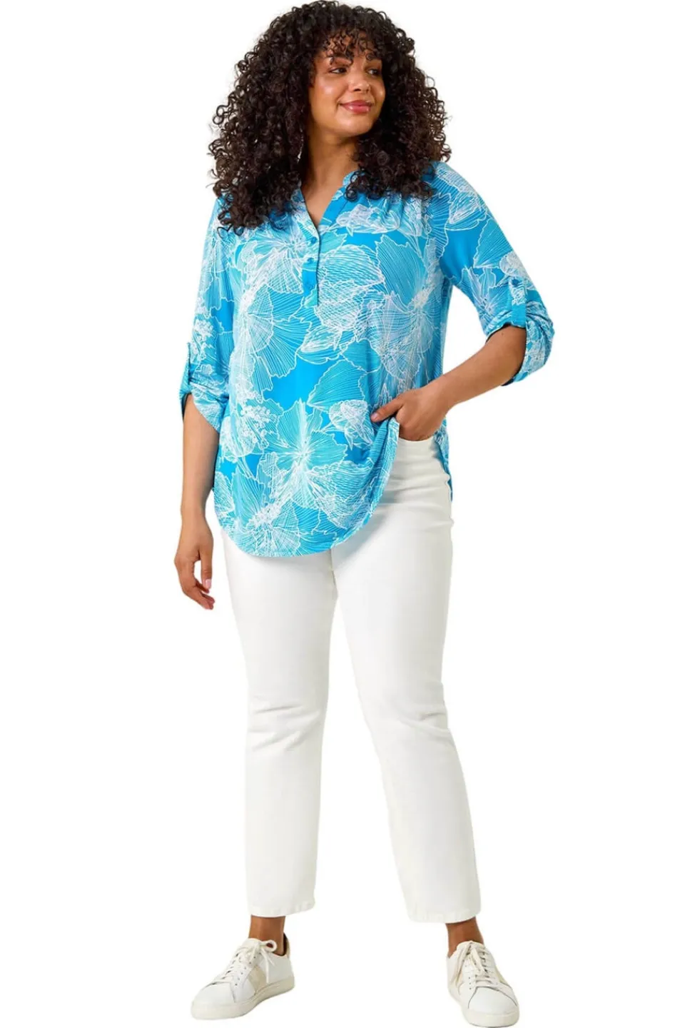 Tops>Roman Turquoise Curve Textured Floral Print V Neck Shirt