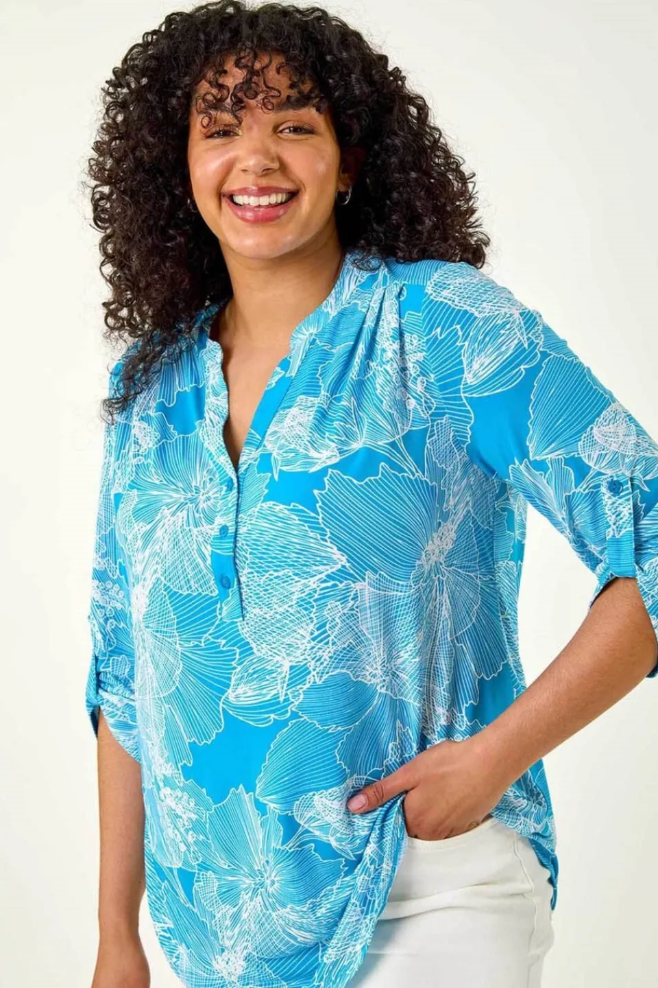 Tops>Roman Turquoise Curve Textured Floral Print V Neck Shirt