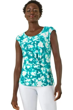 Tops>Roman Turquoise Floral Jacquard Twist Front Top