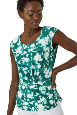 Tops>Roman Turquoise Floral Jacquard Twist Front Top