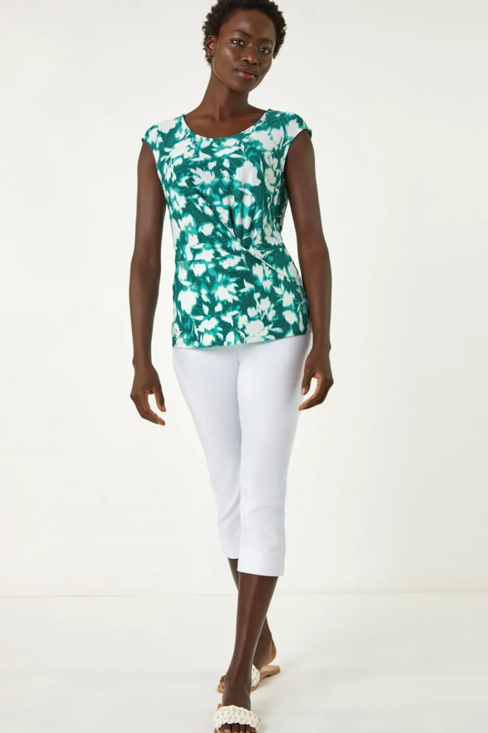 Tops>Roman Turquoise Floral Jacquard Twist Front Top