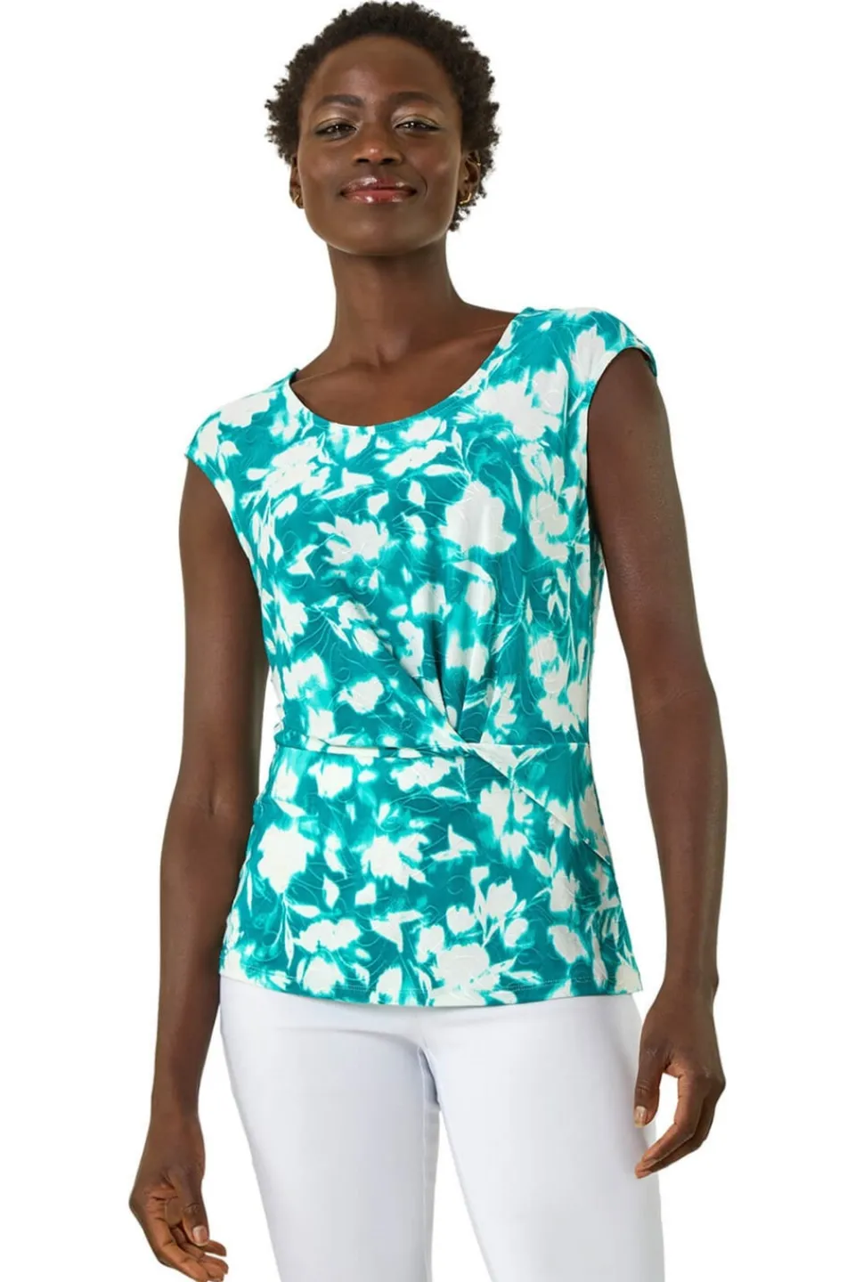 Tops>Roman Turquoise Floral Jacquard Twist Front Top