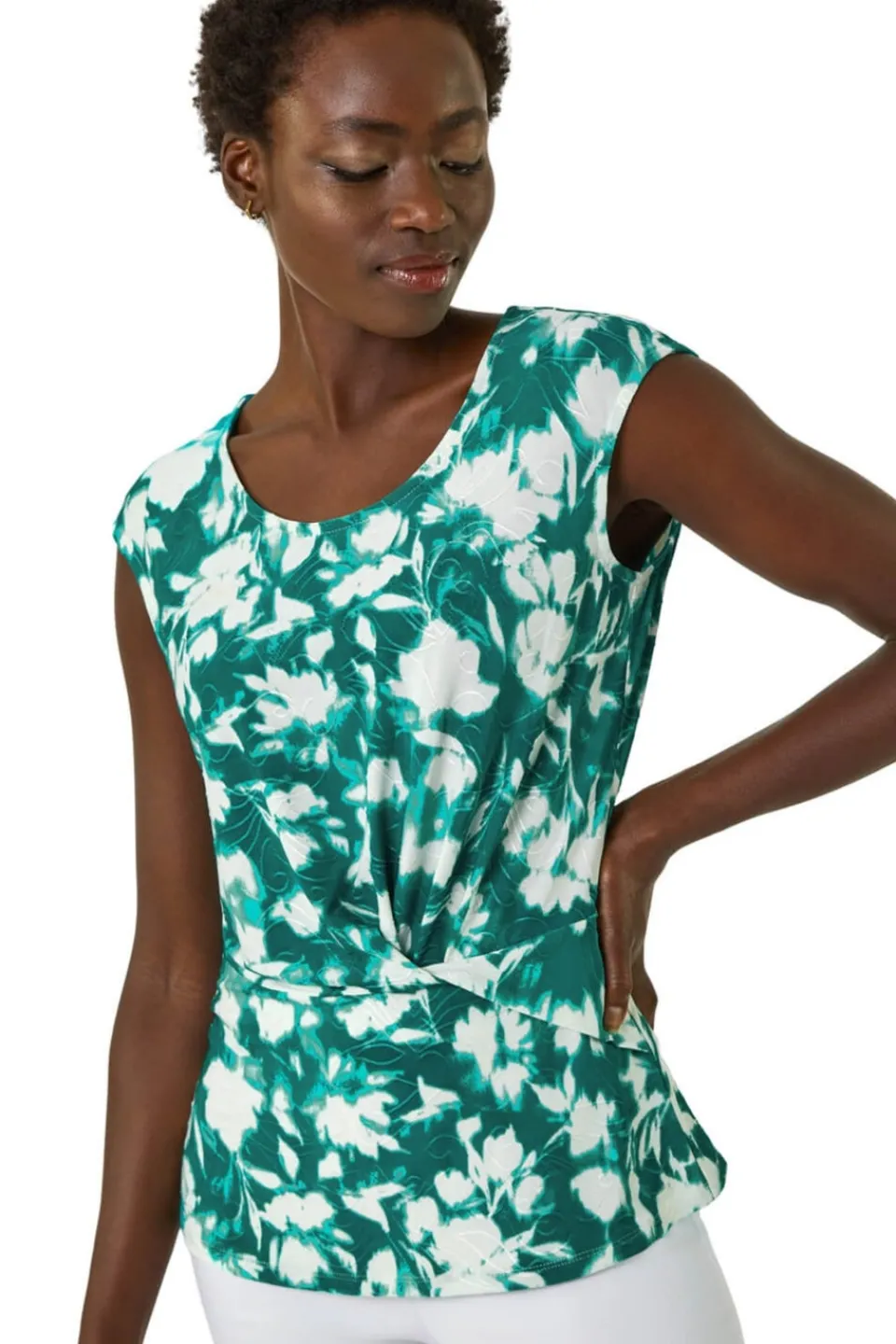 Tops>Roman Turquoise Floral Jacquard Twist Front Top