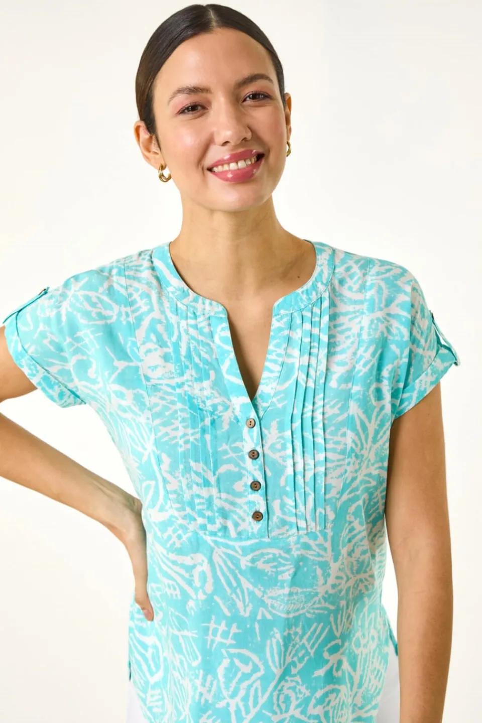 Tops>Roman Turquoise Leaf Print V Neck Button Top