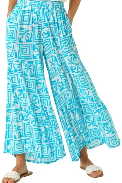 Trousers>Roman Turquoise Palm Tile Print Tiered Palazzo Trouser