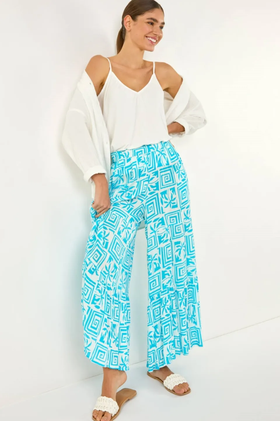 Trousers>Roman Turquoise Palm Tile Print Tiered Palazzo Trouser
