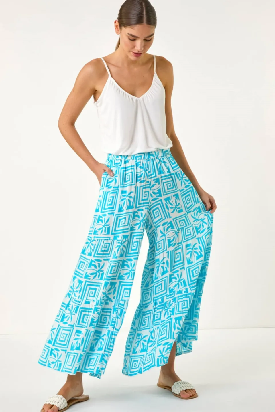 Trousers>Roman Turquoise Palm Tile Print Tiered Palazzo Trouser
