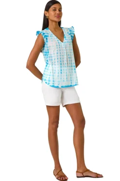 Tops>Roman Turquoise Pleated Tie Dye Frill Top
