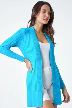 Tops>Roman Ribbed Longline Cardigan Turquoise