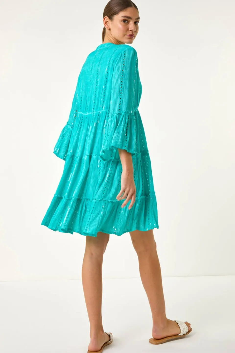 Dresses>Roman Turquoise Shimmer Tie Detail Smock Dress