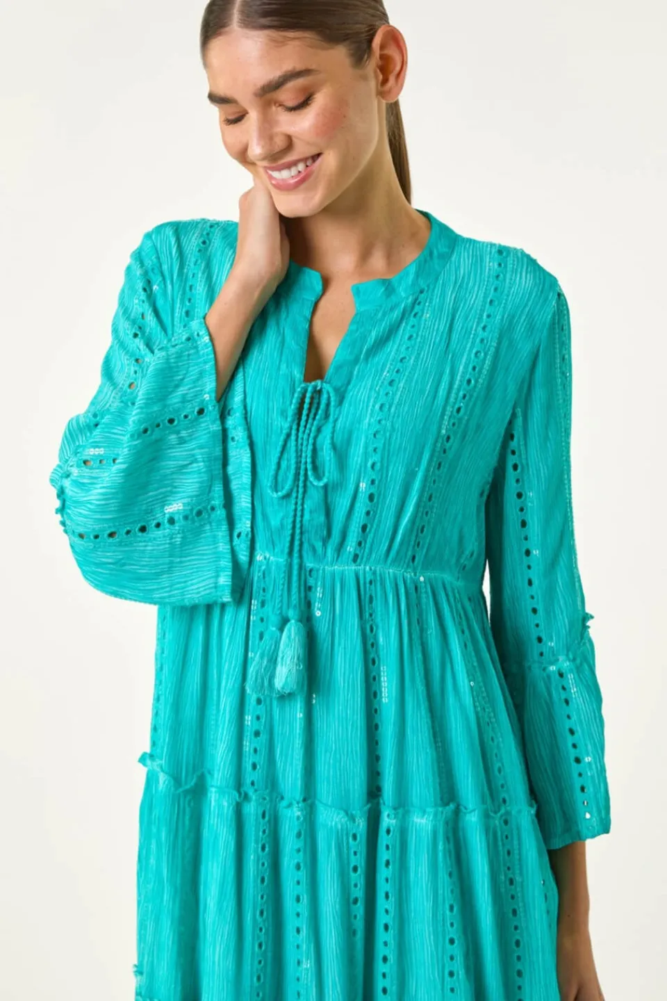 Dresses>Roman Turquoise Shimmer Tie Detail Smock Dress
