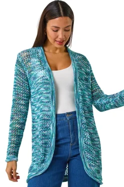 Tops>Roman Turquoise Spacedye Lightweight Knit Cardigan